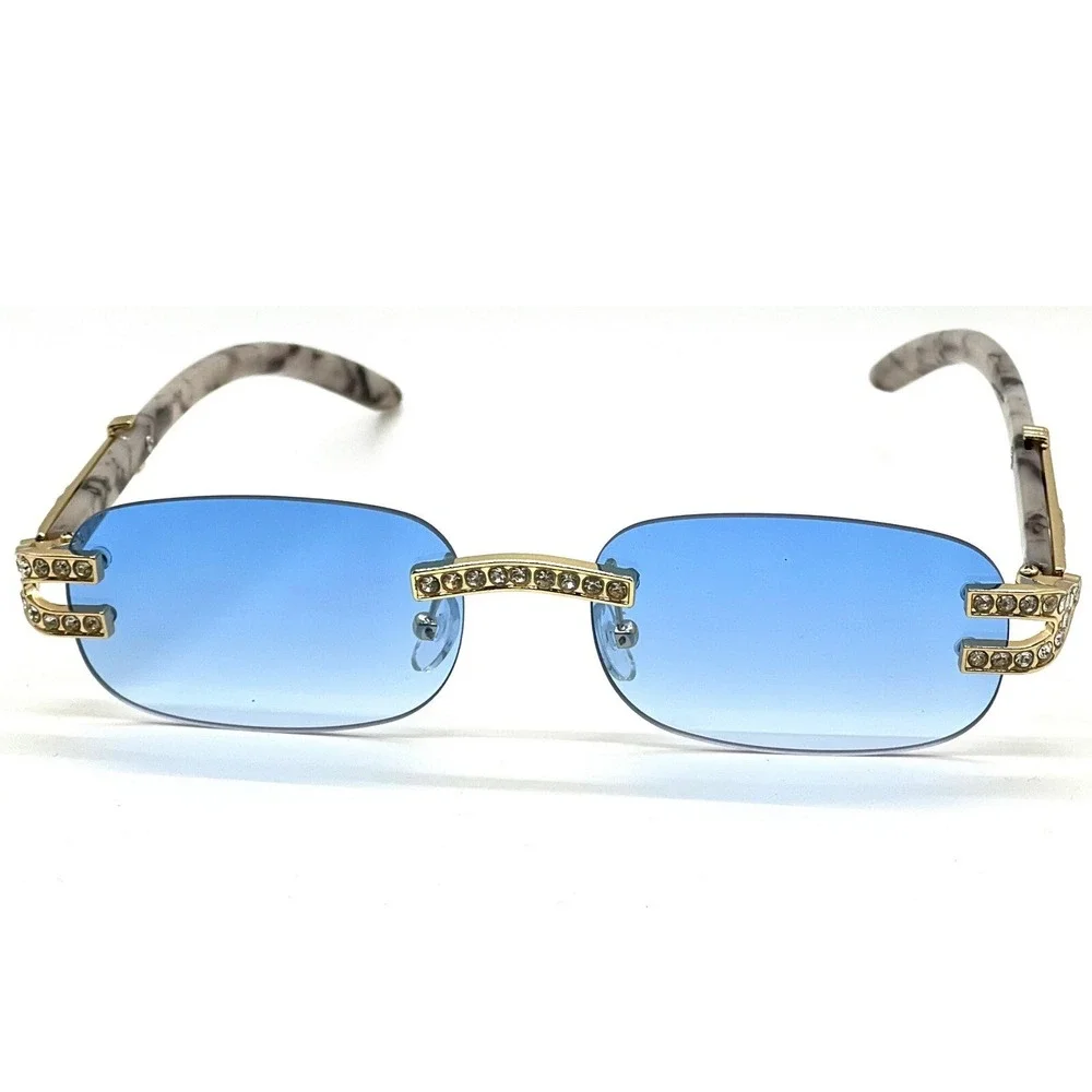 Rhinestone Rimless Sunglasses Blue Lens Marble Gold Accents Street‎ Wear Lentes